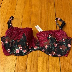 Adore Me Black and Burgundy Floral Lace Bra